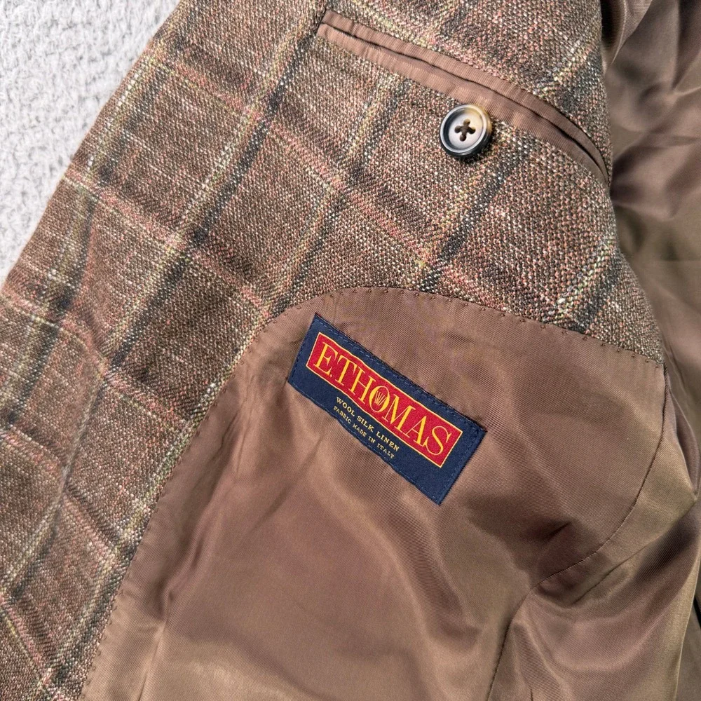 Brooks Brothers Sport Coat Mens 42L Brown Regent Plaid Wool Silk Linen E. Thomas